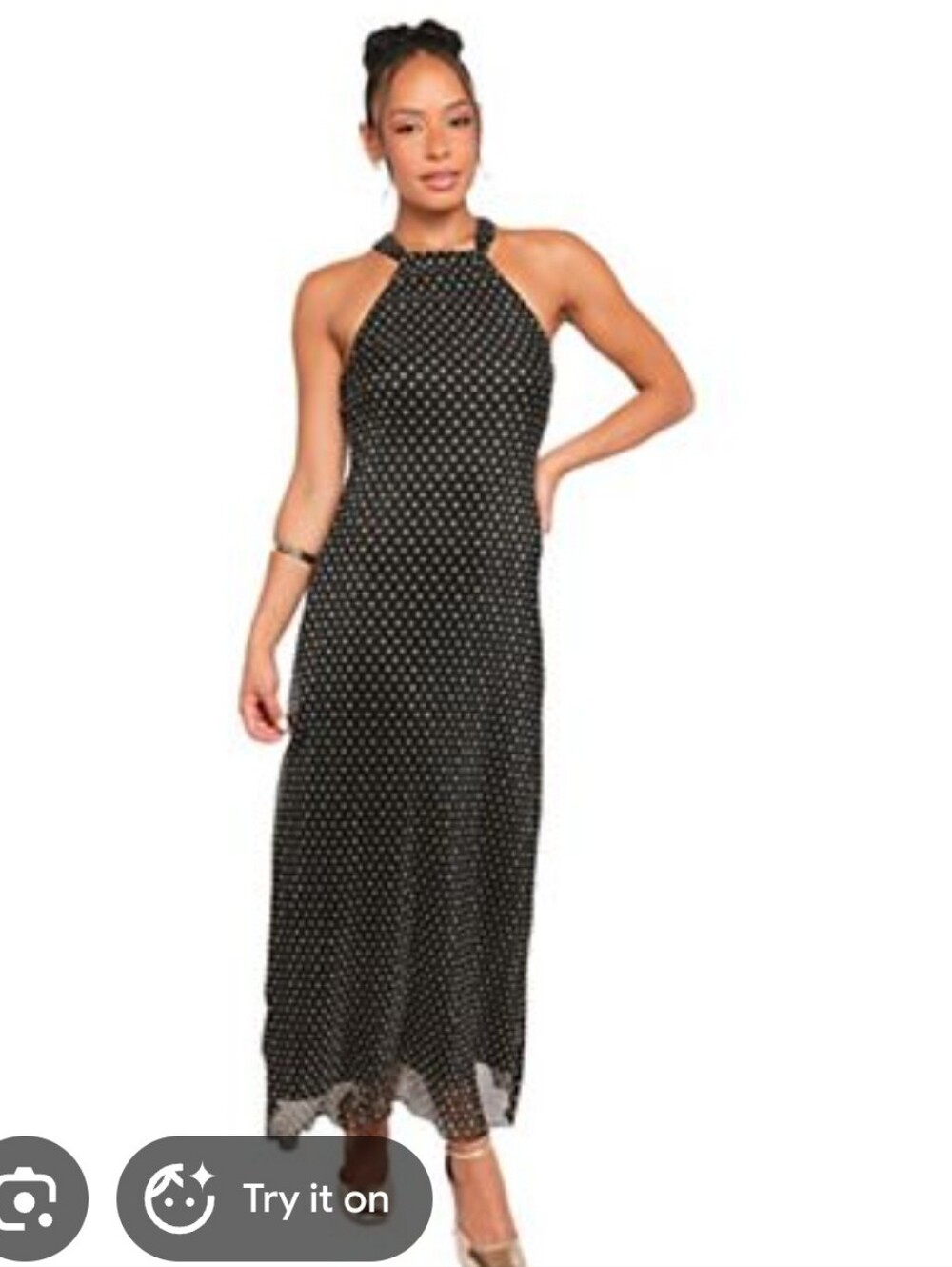 NWT Katia Rae Black Silver Rhinestone Halter Maxi Dress Women's Large Evening